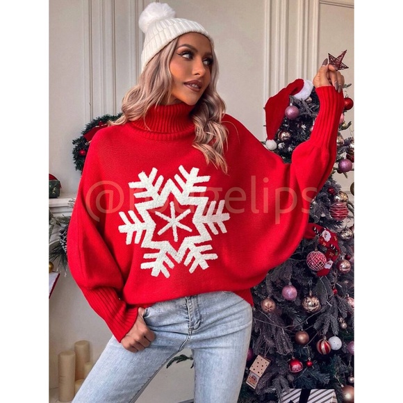 Red Oversized Pullover Sweater Snowflake Turtleneck Long Sleeve Knit - Picture 4 of 8